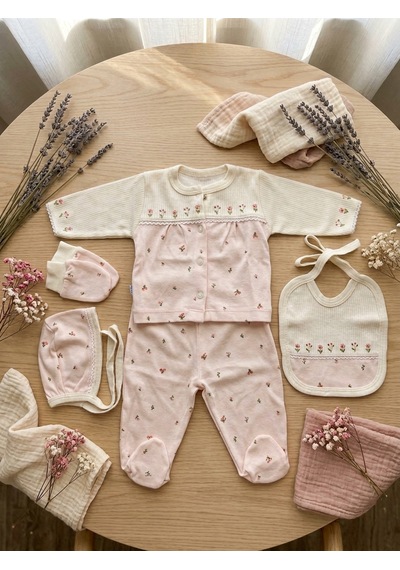Gaye Bebe %100 Pamuklu Çiçek Nakışlı 5'li Yenidoğan Kız Bebek Hastane Çıkışı Seti 0-3 Ay Pembe
