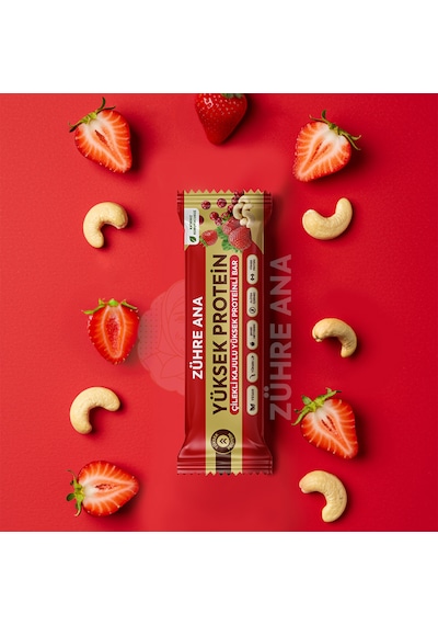 Çilekli Kajulu Yüksek Proteinli Bar, Şeker İlavesiz 40 Gr X 12 Adet