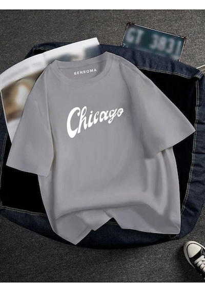 Oversıze Chicago Baskılı Unısex Tisort Baskılı Gri