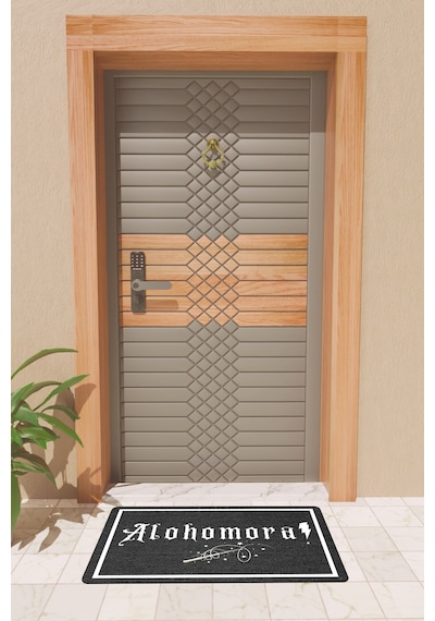Rugmood Modern Dijtal Baskı Siyah Alohomora Kapı Önü Paspası