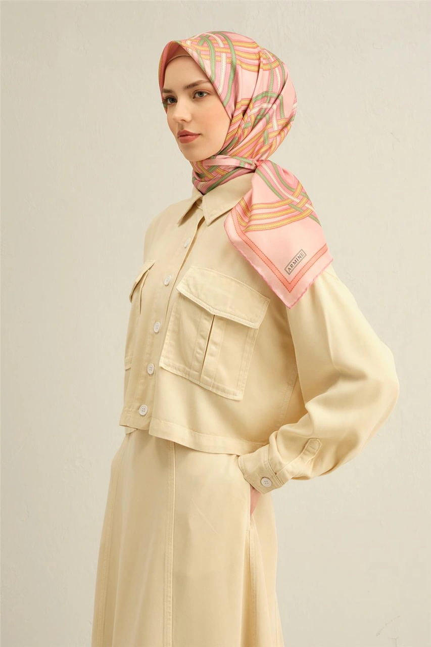 Armine Klasik Desenli Saf İpek Twill Eşarp 9333d 06 Pembe