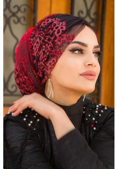 Aişe Tesettür Kırmızı Büzgülü Dolama Bone