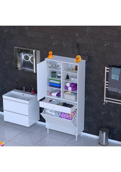 Modilayn Afra 70x173x32,5cm 1 Çekmece, 2 Göz Sepet, 1 Kapak, 8 Raf Dar Alan Banyo Dolabı Beyaz Modilayn Afra 70x173x32,5cm 1 Çekmece, 2 Göz Sepet, 1 Kapak, 8 Raf Dar Alan Banyo Dolabı Beyaz