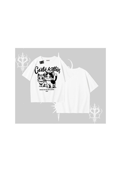 Tarzsokak Cute Kitten Yazılı Sevimli Kedi Baskılı Oversize Tshirt Beyaz