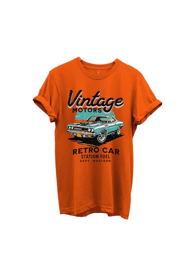 Vintage Motors Yazılı Retro Araba Baskılı %100 Pamuk Regular Fit Unisex T-shirt Turuncu