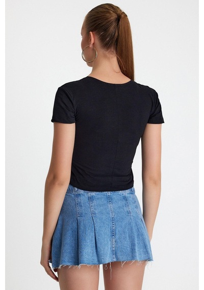 Kadın V Yaka Basic T-shirt Siyah