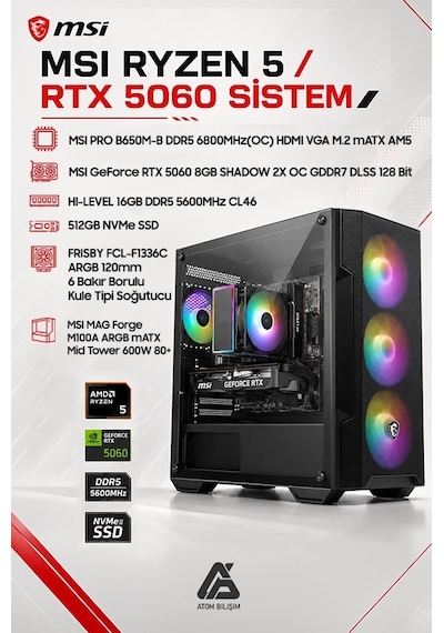 MSI PRO B650M-B ATM00020624 R5 7500F 16 GB 512 GB NVME M.2 SSD 8 GB RTX5060 Free Dos Masaüstü Oyuncu Bilgisayarı