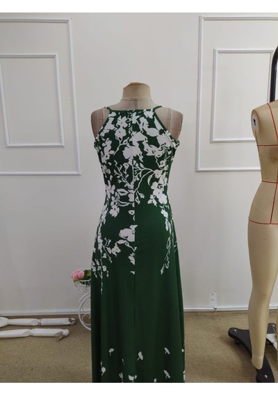 Efnaz Style Kadın Askılı V Yakalı Desenli Uzun Süprem Elbise Yeşil