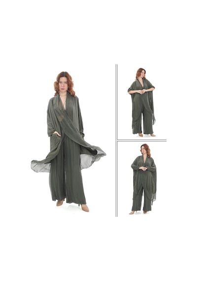 Bohem Stil Italyan Ipek Detaylı Oversize Kap Bluz- Wes Pantolon Takım-8789 Haki
