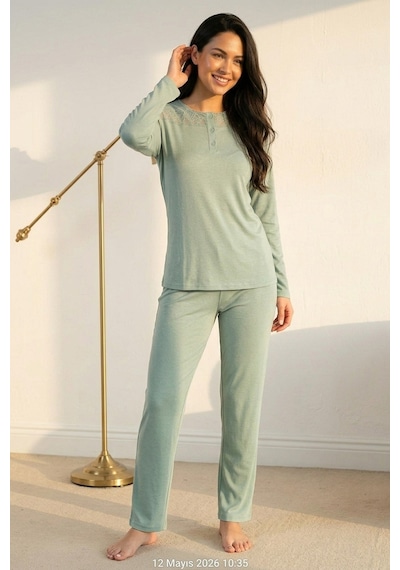 Mataş Kadın Dantelli Bambu Viskon Uzun Kollu Mevsimlik Soft Örme Yumuşak Pijama Takımı Yeşil