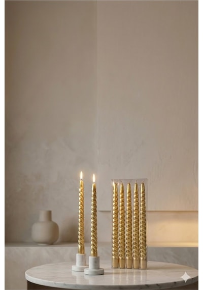 4'lü Lüks Burgu Şamdan Mumu 26 Cm - Damlatmaz Spiral Dekoratif Mum Seti Gold