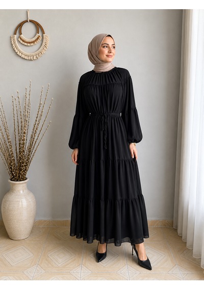 Efulim Womens İpli - Astarlı Salaş Şifon Tesettür Elbise Siyah