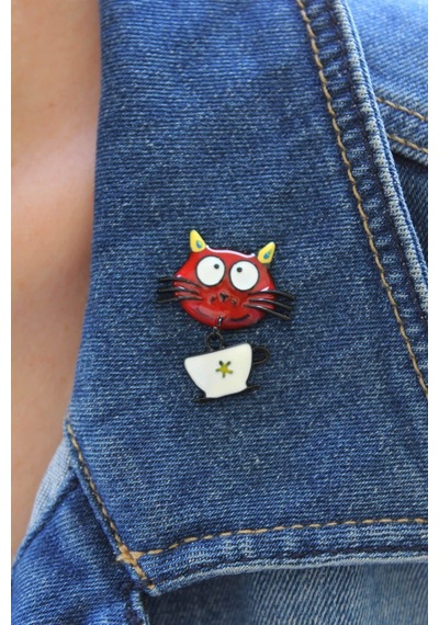 Mini Kırmızı Kedi Broş Kırmızı