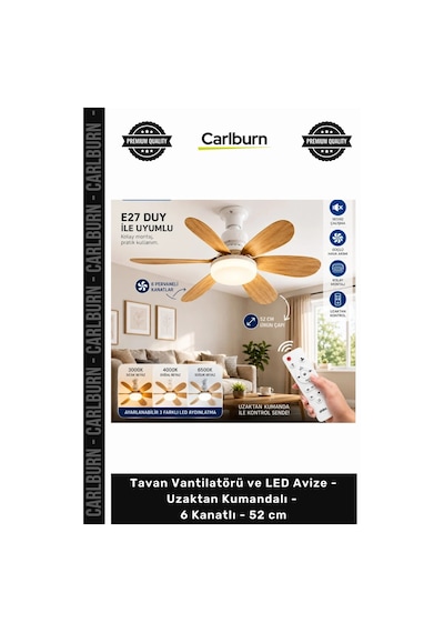 Özel Üretim Modern Şık Sessiz Tavan Vantilatörü Led Avize Uzaktan Kumandalı 6 Kanatlı 52 Cm