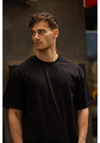 Gravel Oversize Bisiklet Yaka Pamuklu T-shirt - Siyah Siyah
