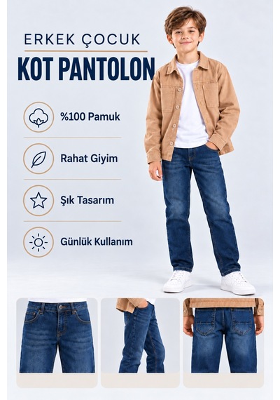 Ahengim Erkek Çocuk Kot Pantolon Likralı Yıpratmalı Fit Düz Paça Cepli Jean Ak1213 Mavi
