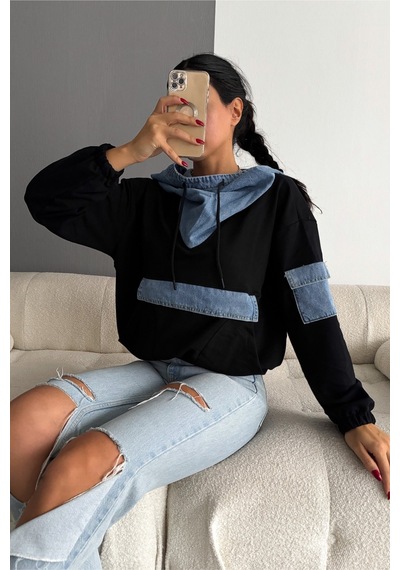 Femelle Kot Garnili Kapüşonlu Tasarım Sweatshirt siyah