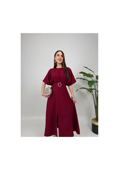 Afiş Butik Kemer Detaylı Yuvarlak Yaka Yırtmaçlı Piliseli Midi Elbise Bordo Bordo