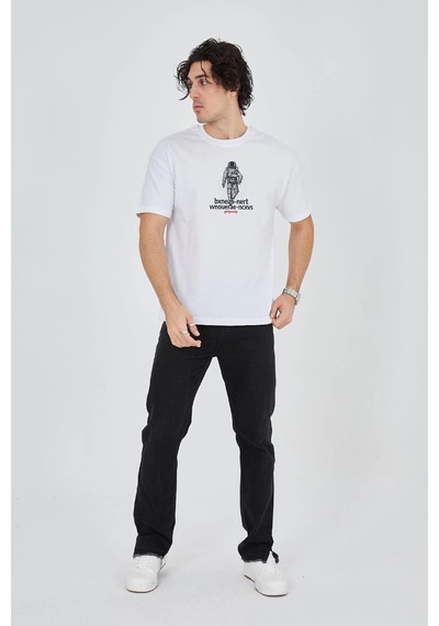 Erkek Baskılı T-shirt Kısa Kol Bisiklet Yaka Regular Fit Rahat Kalıp Günlük Tişört - Beyaz -Çok Renkli