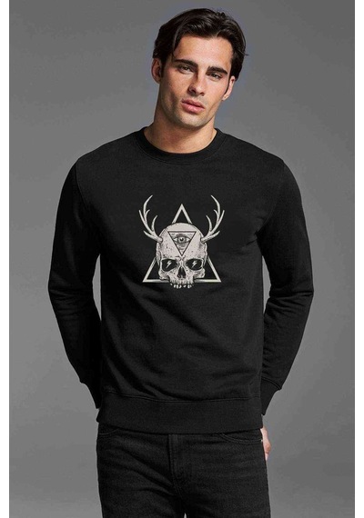 Skull Triangle Geyik Baskılı Siyah Erkek Örme Sweatshirt