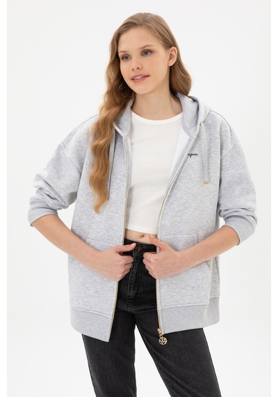 U.S. Polo Assn. Kadın Açık Gri Şardonlu Kapüşonlu Sweatshırt 50314130-VR001
