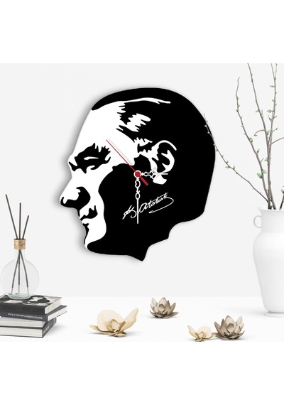 Dekoratif Atatürk Tasarımlı Ahşap Duvar Saati - 6 Beyaz - Siyah