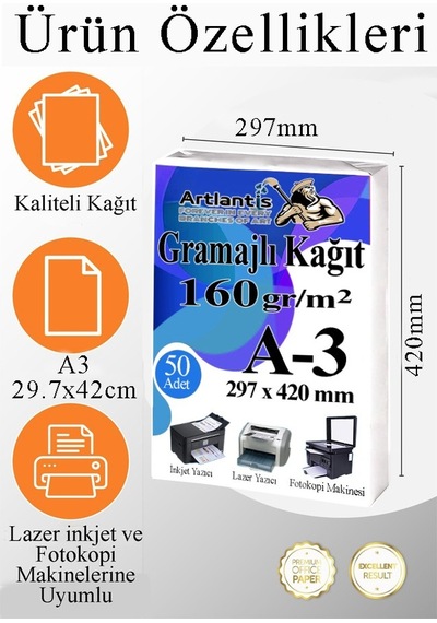 A3 Gramajlı Fotokopi Kağıdı 250 Adet 160 Gr Sertifika Kağıdı Kalın Kağıt Baskı Tüm Yazıcılara Uyumlu 29.7x42cm Ofis Büro