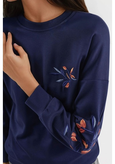 Hiccup Modal Dokulu İşlemeli Bisiklet Yaka Sweatshirt Berşan Collection Lacivert