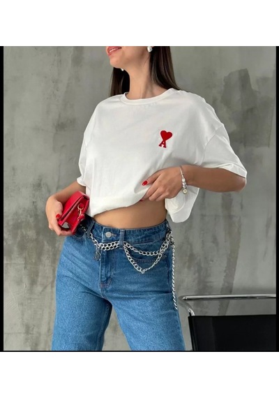 Unisex Bisiklet Yaka Baskılı Oversize T-shirt - Beyaz Beyaz