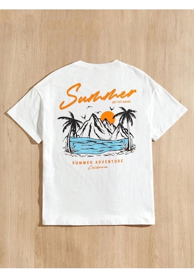 Unisex Beyaz Oversize Summer Baskılı Örme T-shirt Beyaz