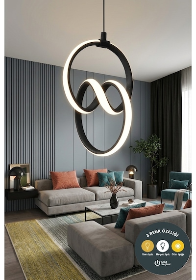 Levent Model Siyah Kasa Sarkıt 3 Renkli Modern ''ultra Aydınlatmalı'' Ledli Avize