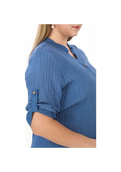 Lady Majestic %100 Cotton Hakim Yaka Büyük Beden Kadın Müslim Kumaş Gömlek Mavi
