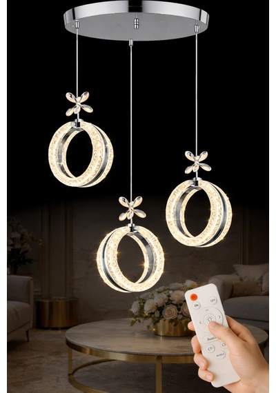 Athena Model 3 Lü Krom Kaplama 3 Renk Kumandalı Salon Mutfak Oturma Yatak Odası Modern Led Avize