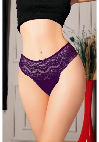 E-bulurum Büyük Beden Bel Kısmı Dantelli Mor Tanga String