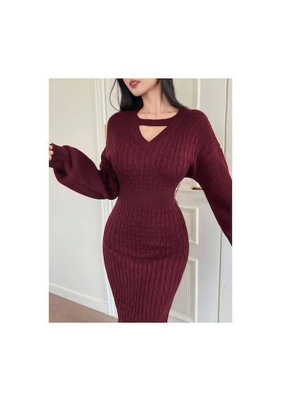 Sayzen Your Shine Choker Yaka Saç Örgü Desenli Balon Kol Kadın Triko Elbise Bordo