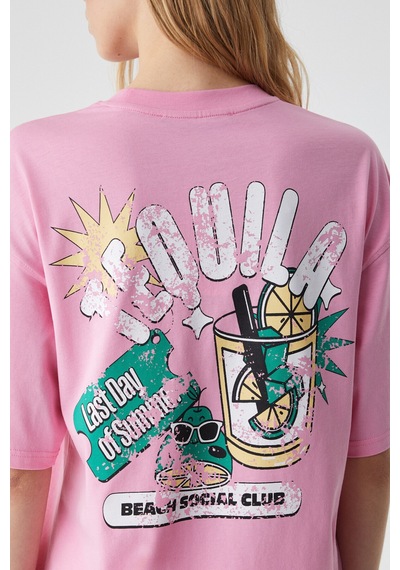 Grımelange CAITLYN Kadın Oversize Bisiklet Yaka Pembe T-Shirt