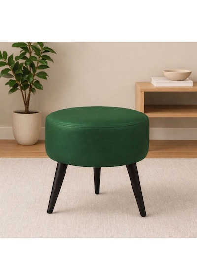 Waterybrook Suni Deri Puf - Ahşap Siyah Ayaklı - Retro Modern Tasarım - Oturma Ve Dekoratif Sehpa Yeşil