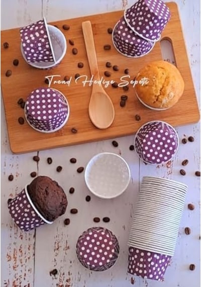 Trend Hediye Sepeti 50'li Mor Puantiyeli Muffin Kek Kalıbı, Kek Kapsülü Cupcake Kalıbı, Airfryer Uyumlu .