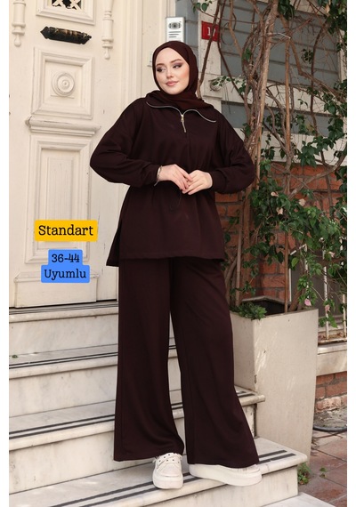 Balenbi Kadın Oversize Kesim Fermuarlı Yaka Bel Stoperli Modal Takım 1234 Kahverengi