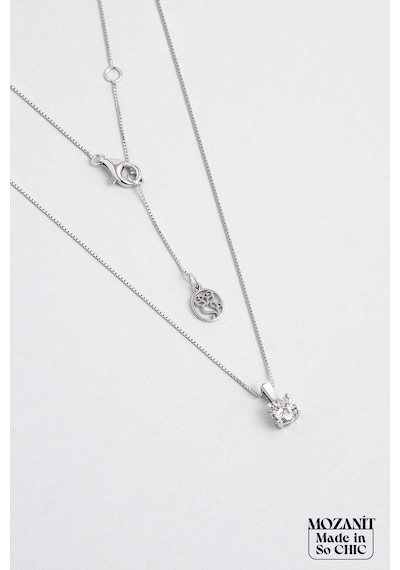 So Chic Mozanit Dokunuşu 18 Ayar Beyaz Altın Kaplama 45 Cm Gümüş Tektaş Kolye Rodyum