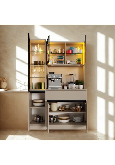 Auren Mıdı Sol Vitrinli Led Li Modüler Kahve Köşesi Kum Beji Mdf Kahve Dolabı, Siyah Füme Cam Vitrinli, Modern Kahve Istasyonu, Geniş Depolama Alanı Auren Mıdı Sol Vitrinli Led Li Modüler Kahve Köşesi Kum Beji Mdf Kahve Dolabı, Siyah Füme Cam Vitrinli, Modern Kahve Istasyonu, Geniş Depolama Alanı