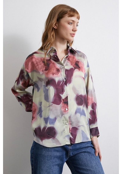 Never More Batik Desen Saten Gömlek Lila Lila