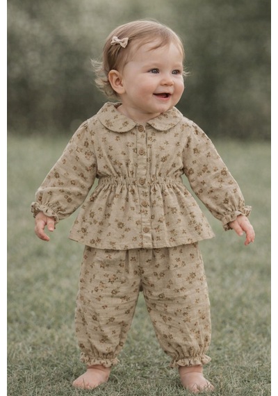 Babyhola Çiçek Desenli Müslin Kız Bebek Bayramlık Takım İkili Set 2013 Kahverengi