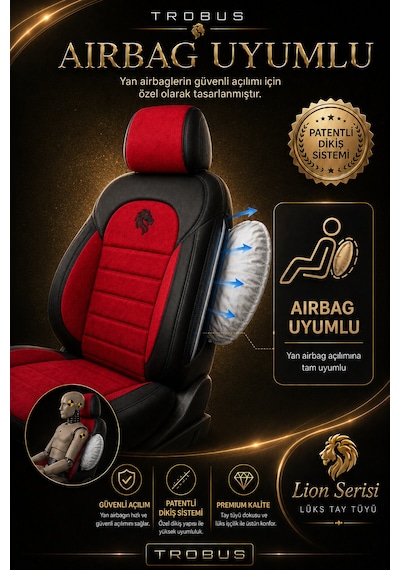 Renault R9 Broadway 1990-2000 Uyumlu Lion Serisi Tay Tüyü Kırmızı Siyah Premium Koltuk Kılıfı