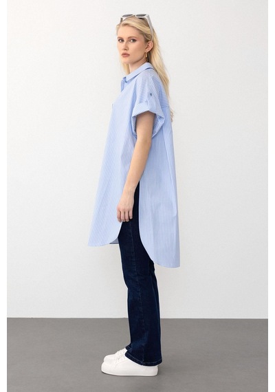Olcay Yandan Yırtmaçlı Çizgili Poplin Tunik Açık Mavi 9283