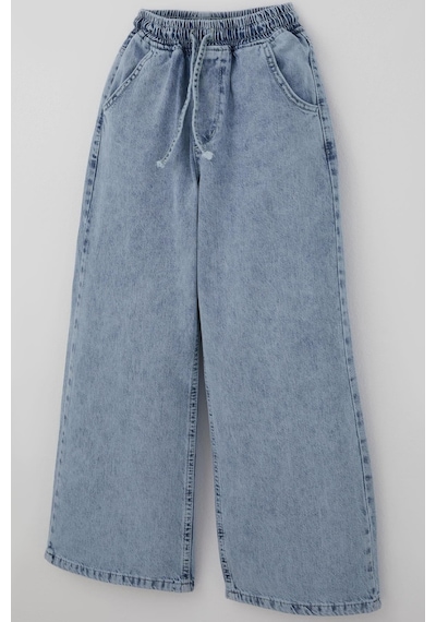 Breeze Kız Çocuk Jean Pantolon Bağcıklı Bel Kısmı Lastikli 7-12 Yaş, Açık Mavi