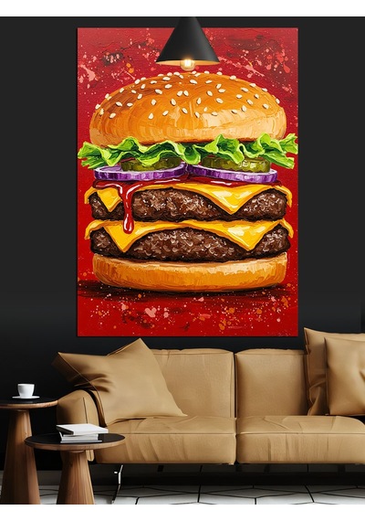 Katmanlı Dev Bir Cheeseburger Yemeği Dekoratif Kanvas - Mdf Ahşap Tablo