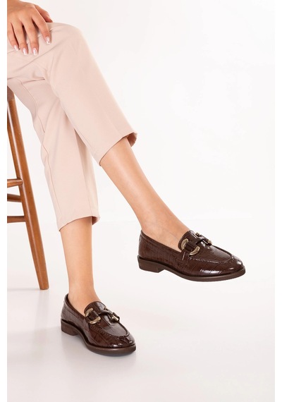 Gondol Kadın Hakiki Deri Tokalı Loafer Ayakkabı Crm.181 Kahve Croco