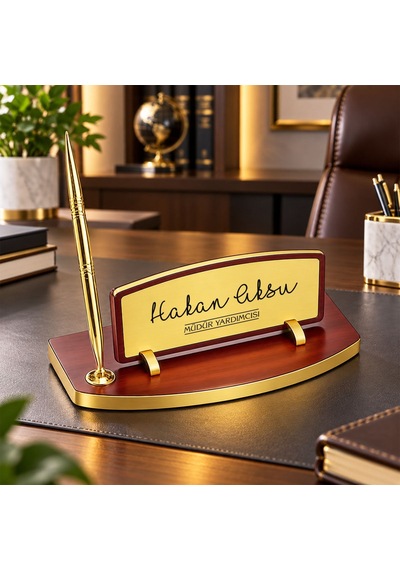 Bk Gift Kişiye Özel Kalemli Ahşap Masa İsimliği Gold Plakalı Bk26 -1 Çok Renkli