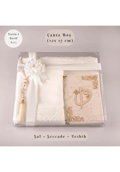 Şal + Seccade + Tesbih + Yasin Hediye Seti Çanta Boy, Elifvav, Raşel Cilt, Krem